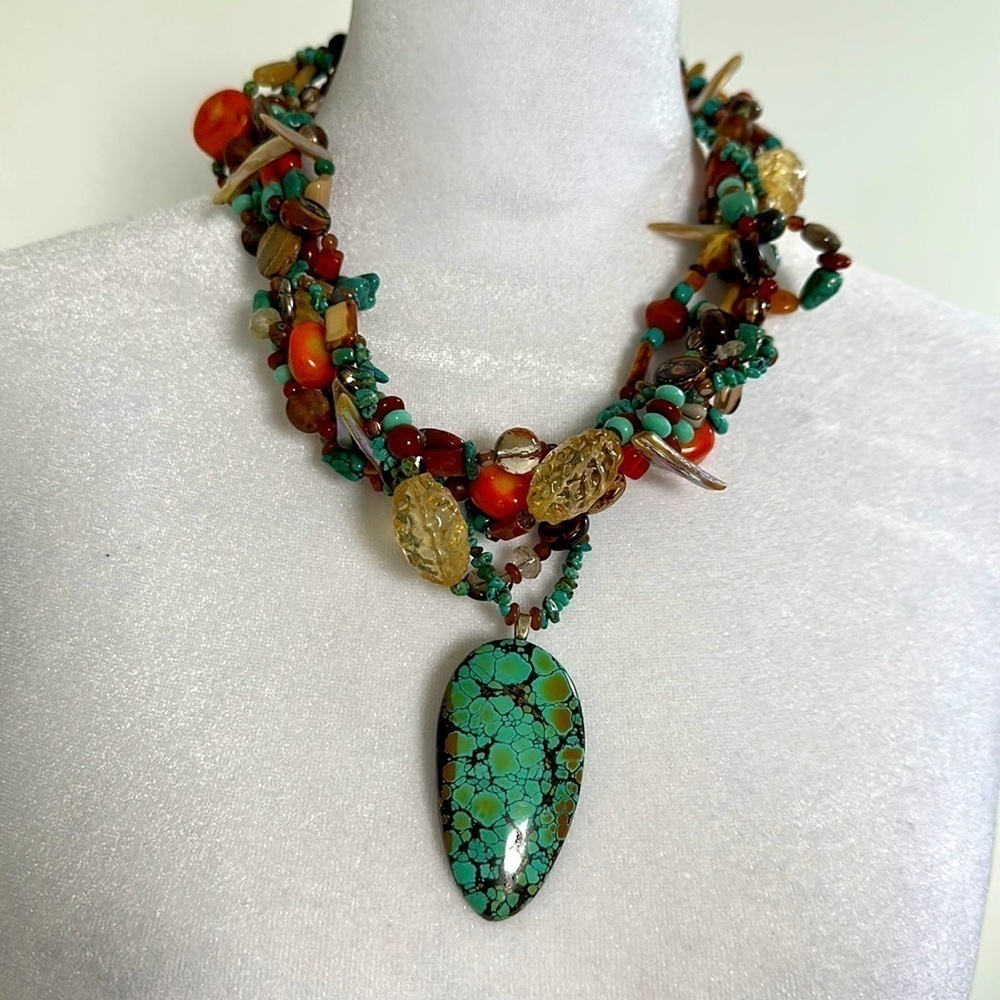 SALE Necklace of turquoise and other beads with toggle silver clasp, custom made